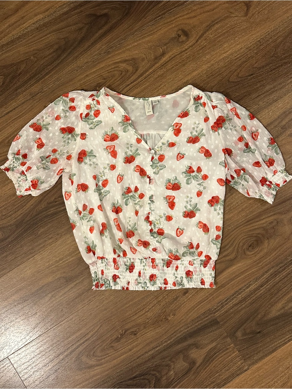 Joie White Strawberry Print Puff-Sleeve Blouse
